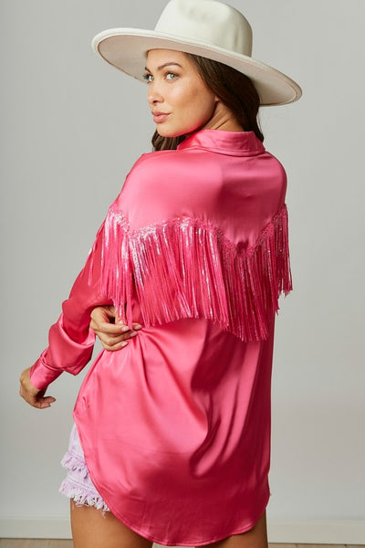 Flirty And Fringe Satin Shirt in Hot Pink