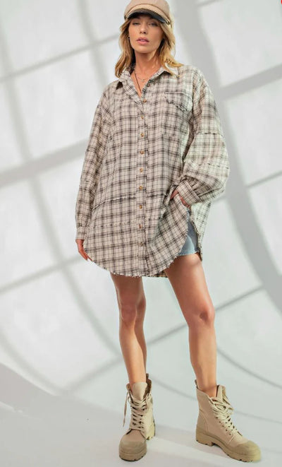 *** IN STOCK*** The Perfect Plaid Oversized Mineral Washed Shirt in Natural