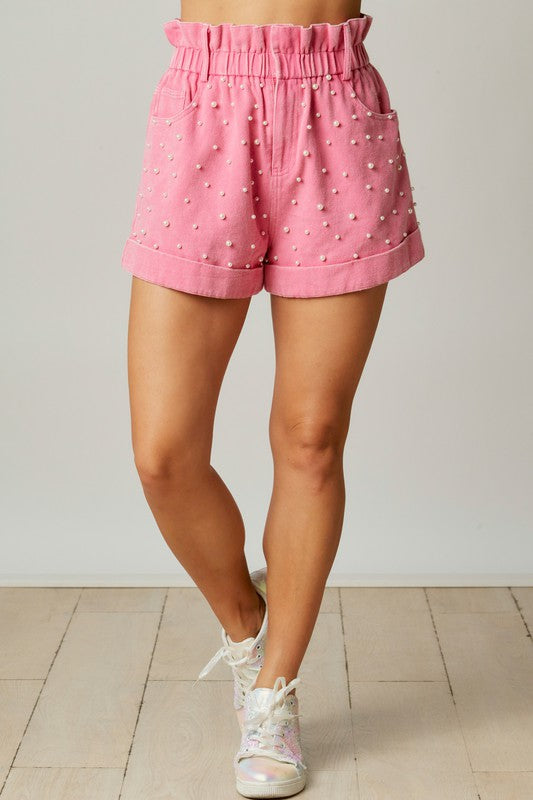 Pearly Girly Era Pearl Paperbag Shorts in Pink