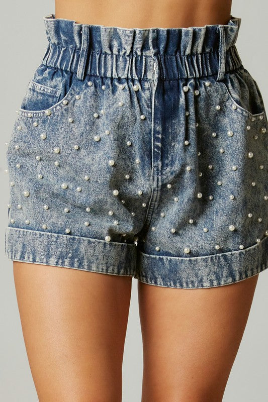 Pearly Girly Era Pearl Paperbag Shorts in Denim