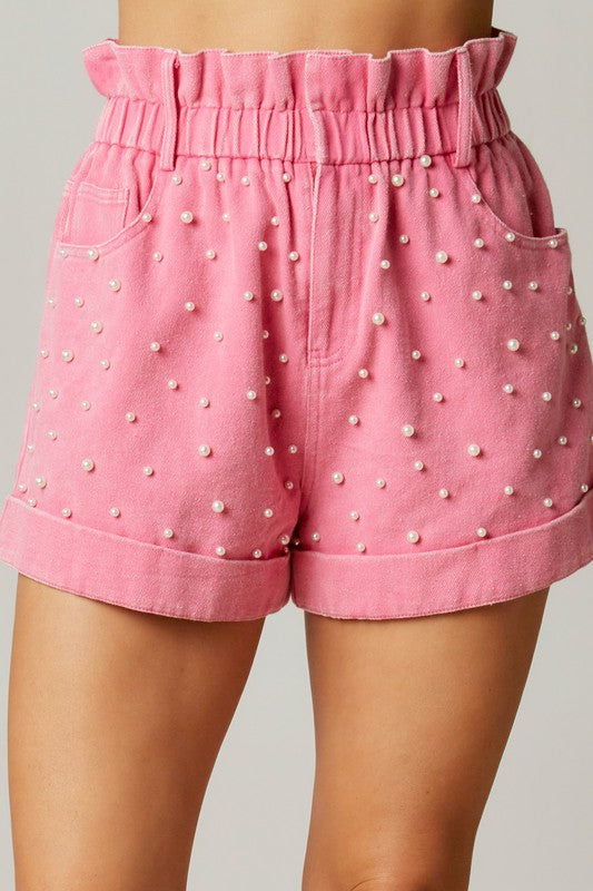 Pearly Girly Era Pearl Paperbag Shorts in Pink