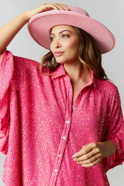 Sweet Dream Sequin Poncho Button-Down Tunic in Hot Pink