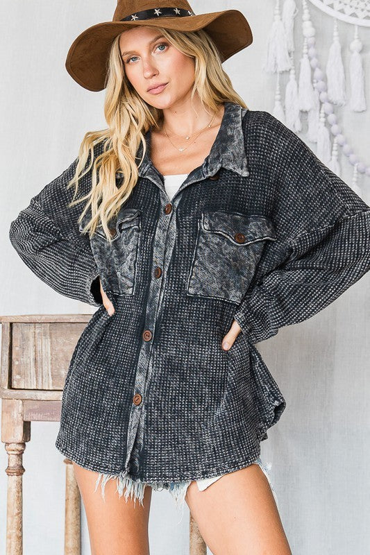 Kayla Waffle Knit Washed Shacket in Charcoal