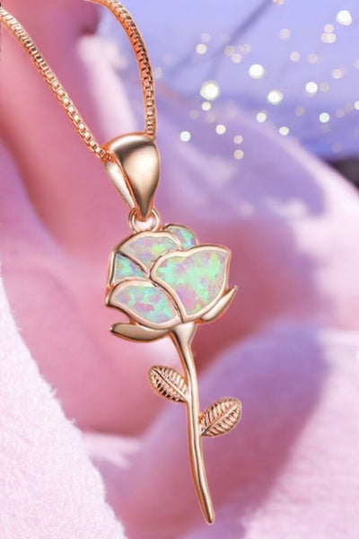 Celeste Opal Rose Pendant Necklace in Rose Gold