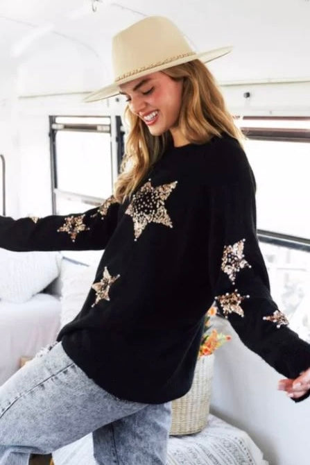 Oh My Stars Sequin + Pearls Sweater in Black