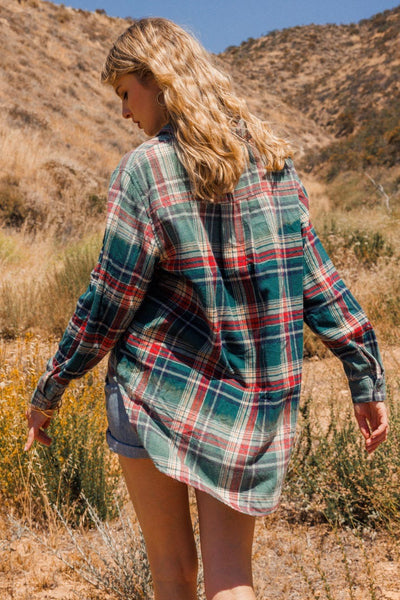 Catch You Later Plaid Flannel Shacket in Washed Jade