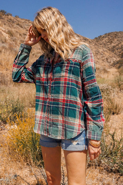 Catch You Later Plaid Flannel Shacket in Washed Jade