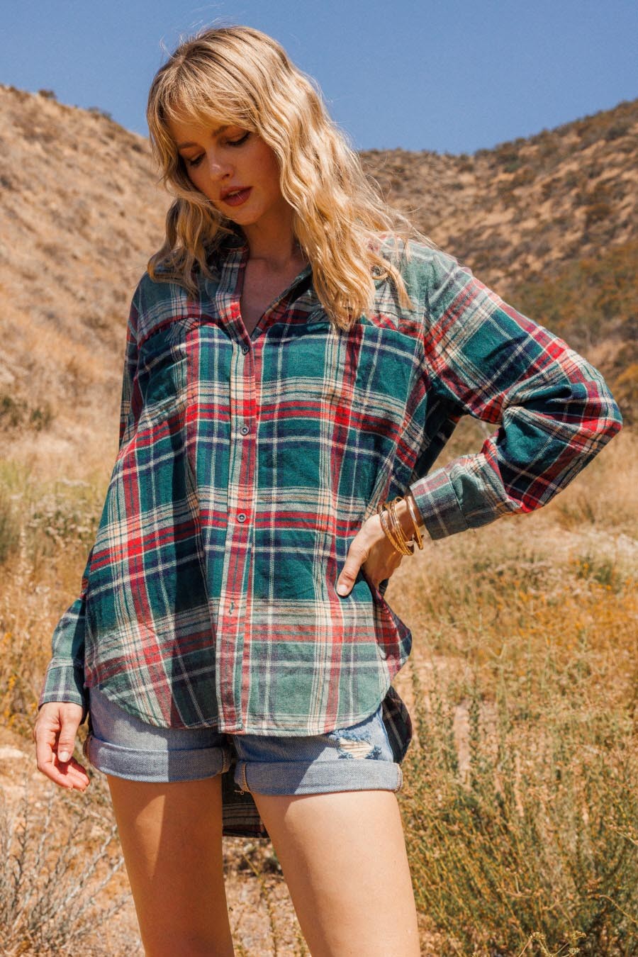 Catch You Later Plaid Flannel Shacket in Washed Jade