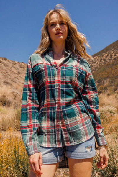 Catch You Later Plaid Flannel Shacket in Washed Jade