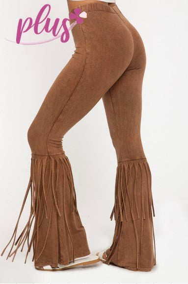 Rodeo Queen Mineral Wash Fringe Flares in Camel