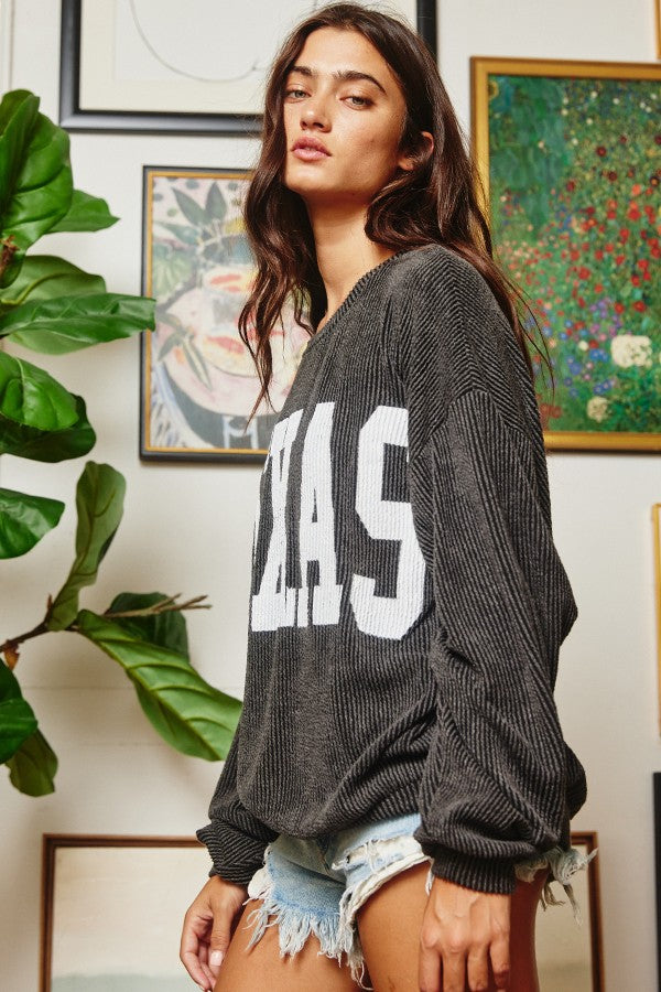 We Love Texas Ribbed Corded Long Sleeve Pullover in Black – Poppy