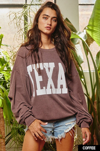We Love Texas Ribbed Corded Long Sleeve Pullover in Coffee
