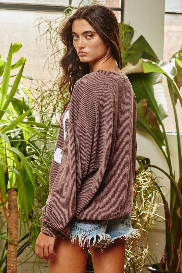 We Love Texas Ribbed Corded Long Sleeve Pullover in Coffee