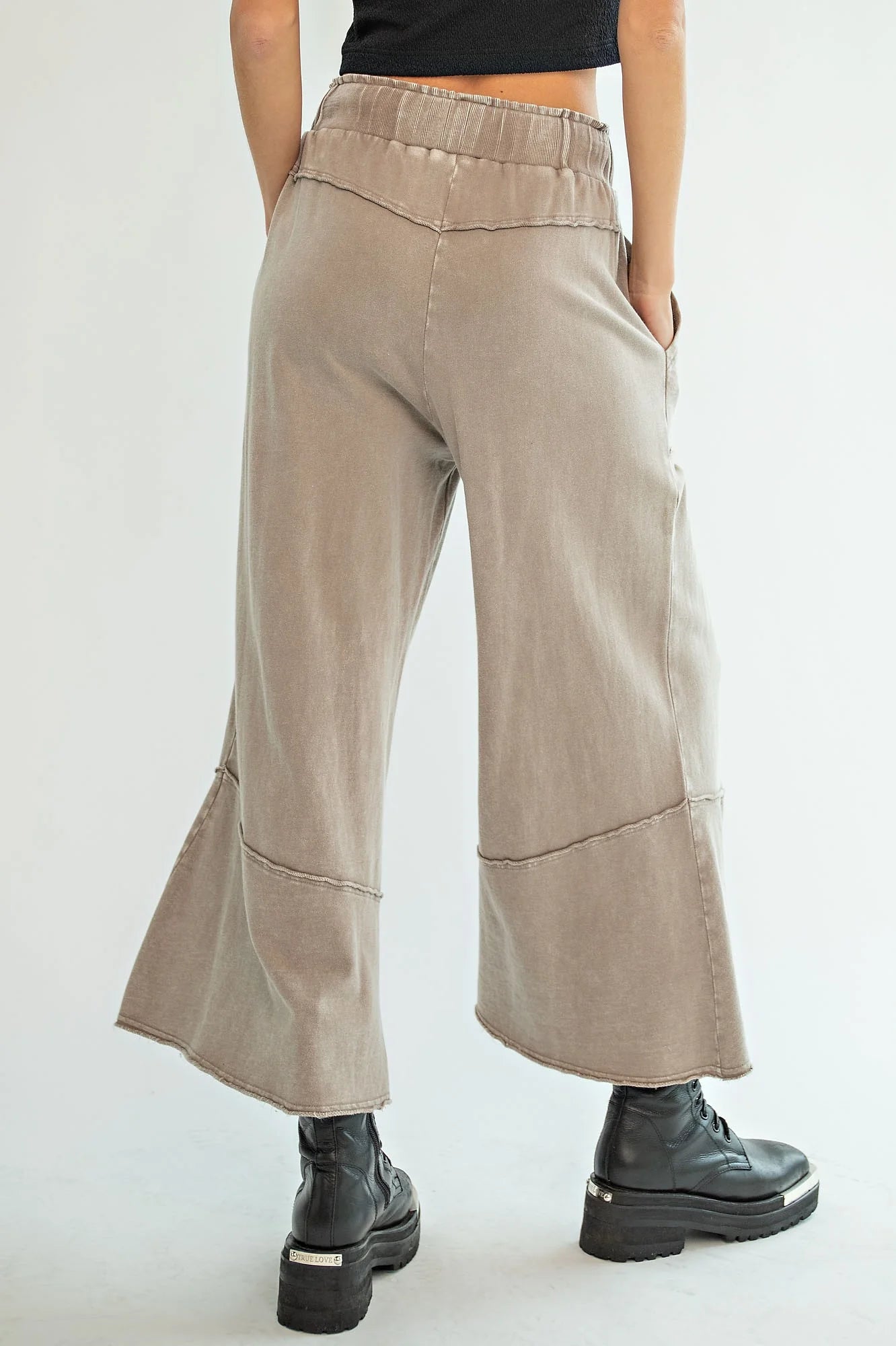 Chill Vibes Mineral Washed Terry Knit Wide Leg Pants in Mushroom