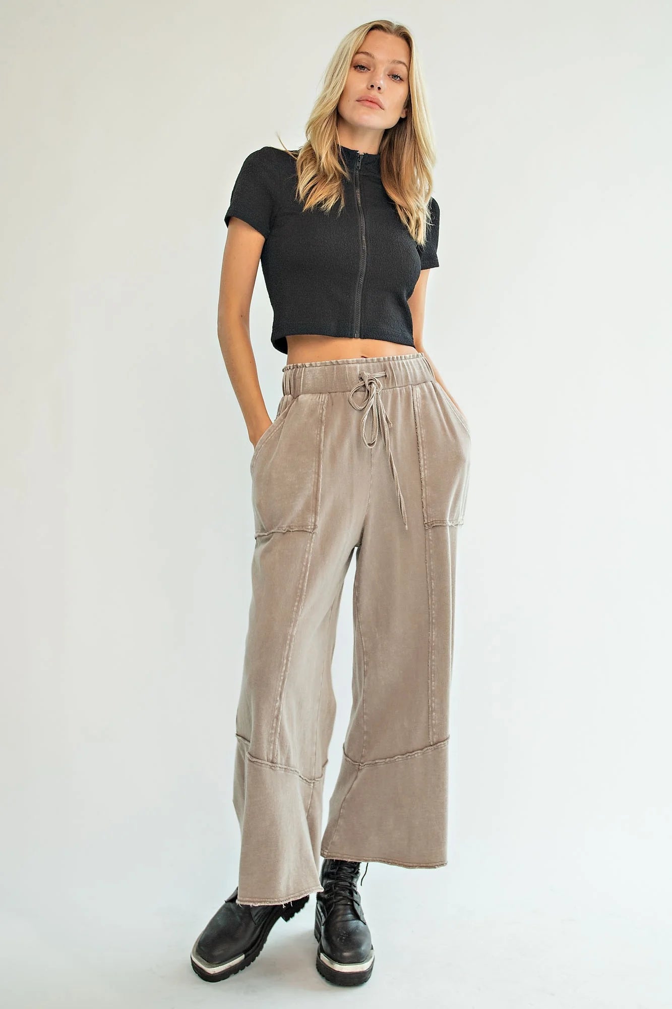Chill Vibes Mineral Washed Terry Knit Wide Leg Pants in Mushroom