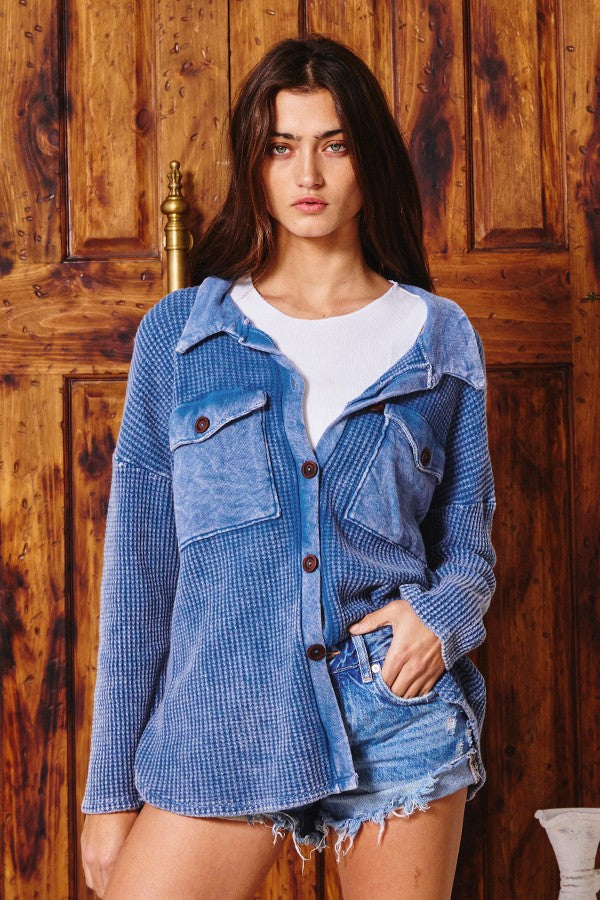 Kayla Waffle Knit Washed Shacket in Denim Blue