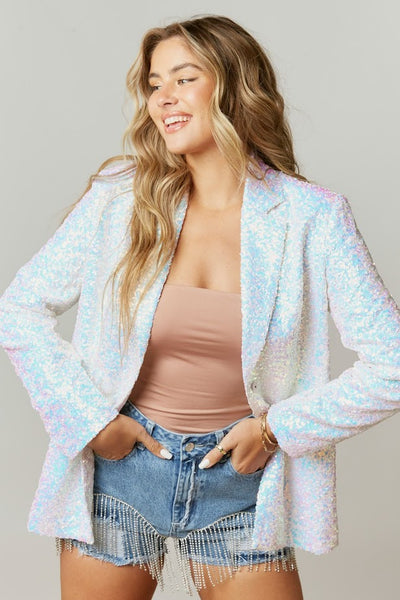 Call Me Maybe Swifty Sequin Blazer in Ice White