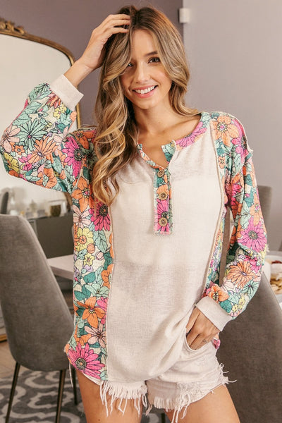 Flower Burst Floral Popcorn Waffle Top in Off White