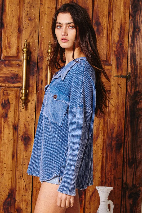 Kayla Waffle Knit Washed Shacket in Denim Blue