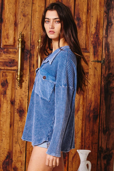 Kayla Waffle Knit Washed Shacket in Denim Blue