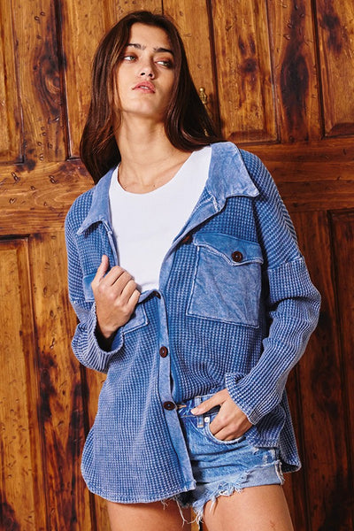 Kayla Waffle Knit Washed Shacket in Denim Blue