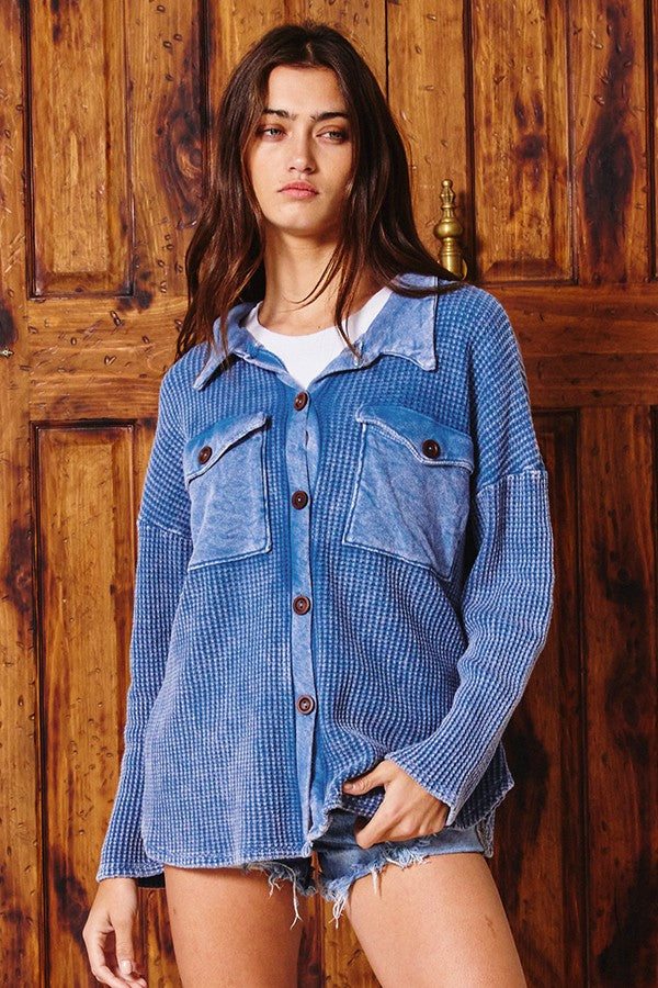 Kayla Waffle Knit Washed Shacket in Denim Blue