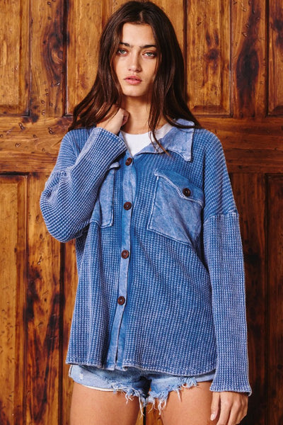 Kayla Waffle Knit Washed Shacket in Denim Blue