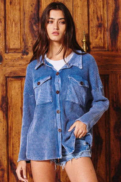 Kayla Waffle Knit Washed Shacket in Denim Blue