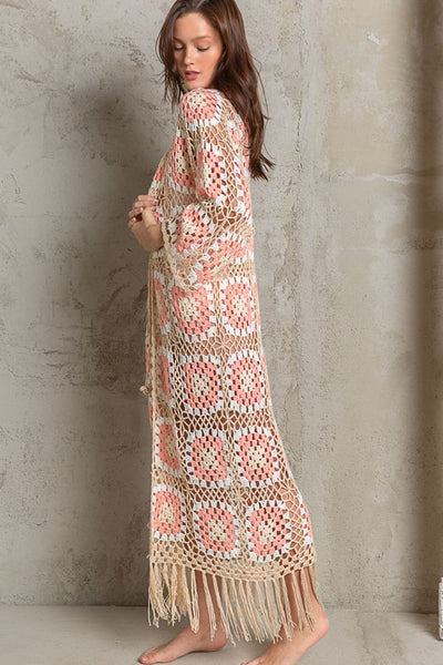 Kauai Crochet Long Tie Cardigan in Blush Beige