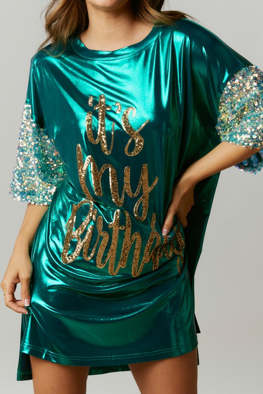 Birthday Queen Foil Sequin Dress in Turquoise
