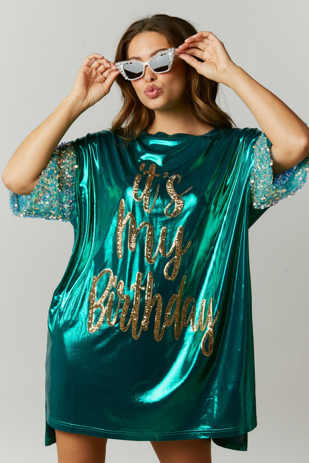 Birthday Queen Foil Sequin Dress in Turquoise