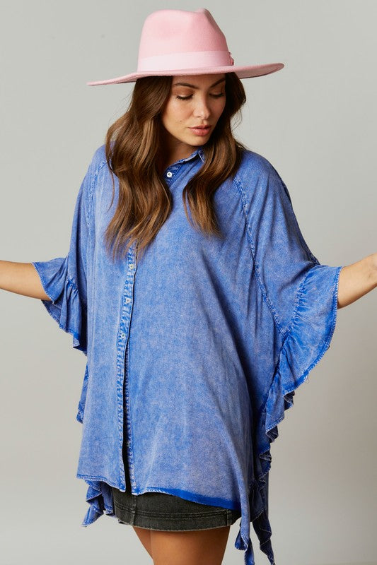 Time Flies Acid Washed Ruffled Shirt in Royal Blue