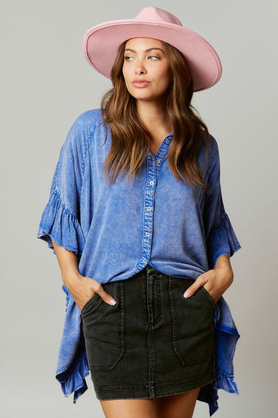 Time Flies Acid Washed Ruffled Shirt in Royal Blue