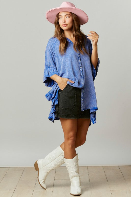 Time Flies Acid Washed Ruffled Shirt in Royal Blue