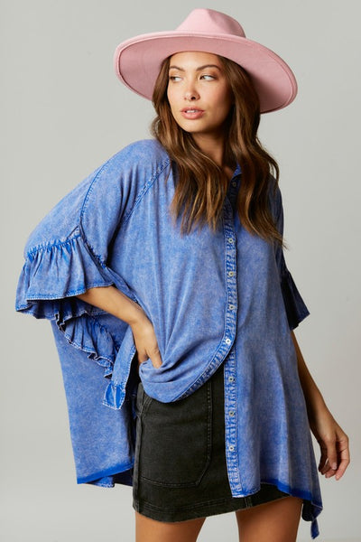 Time Flies Acid Washed Ruffled Shirt in Royal Blue