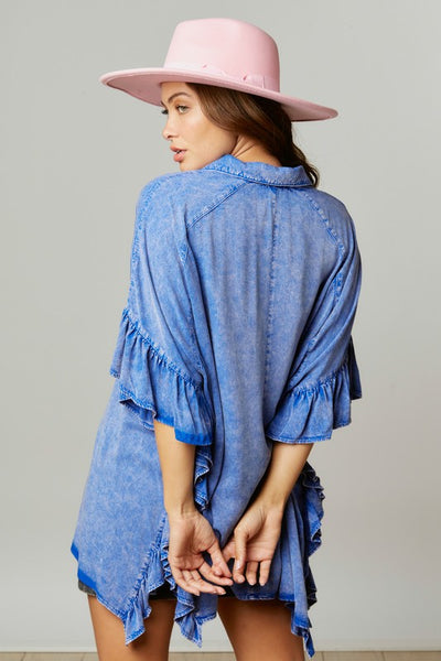 Time Flies Acid Washed Ruffled Shirt in Royal Blue