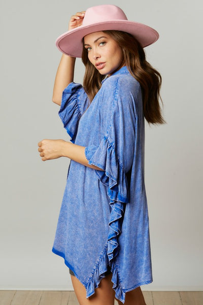 Time Flies Acid Washed Ruffled Shirt in Royal Blue