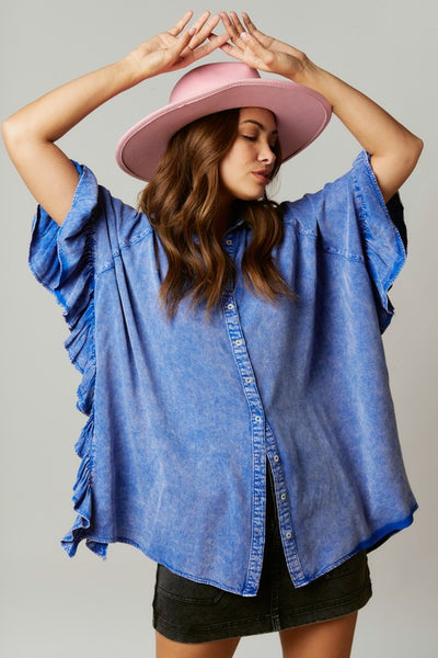 Time Flies Acid Washed Ruffled Shirt in Royal Blue