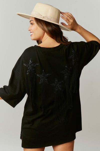 This Ain't Texas Fringed Star Sequin Patch Tee in Black