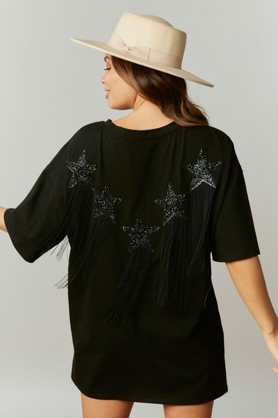 This Ain't Texas Fringed Star Sequin Patch Tee in Black