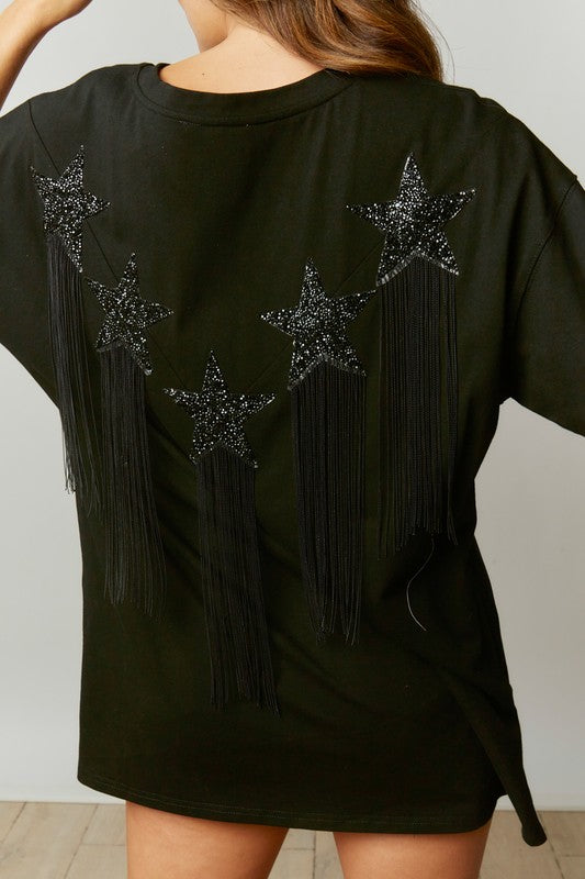 This Ain't Texas Fringed Star Sequin Patch Tee in Black