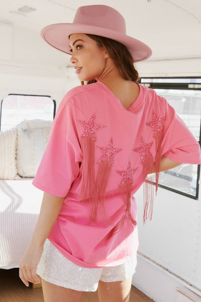 This Ain't Texas Fringed Star Sequin Patch Tee in Pink