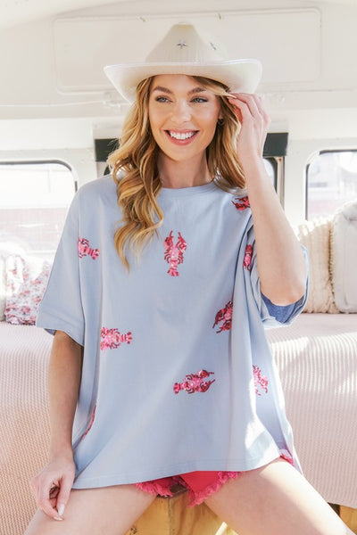 Lobster Party Sequin Patch Oversized Shirt in Dusty Baby Blue