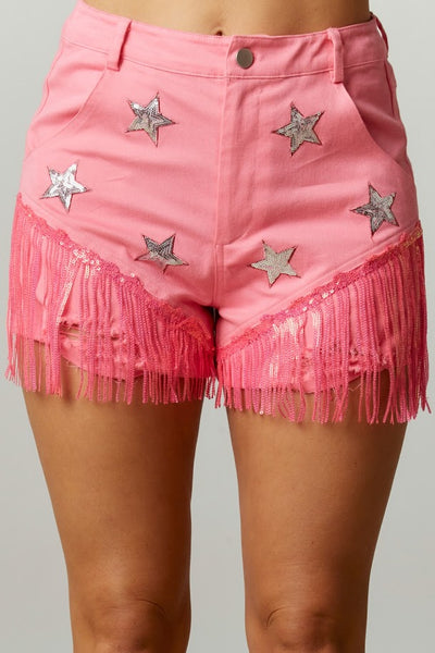 Oh My Starlight Sequin Patch Pink Shorts With Fringe