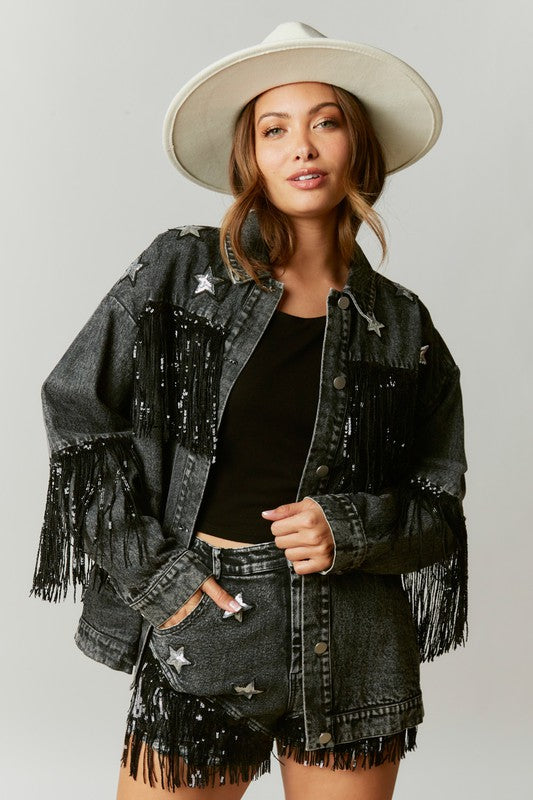 Oh My Starlight Sequin Patch Black Shorts With Fringe