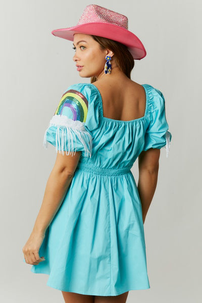 Happiest Day Ever Rainbow Sequin Sleeve Dress in Sky Blue