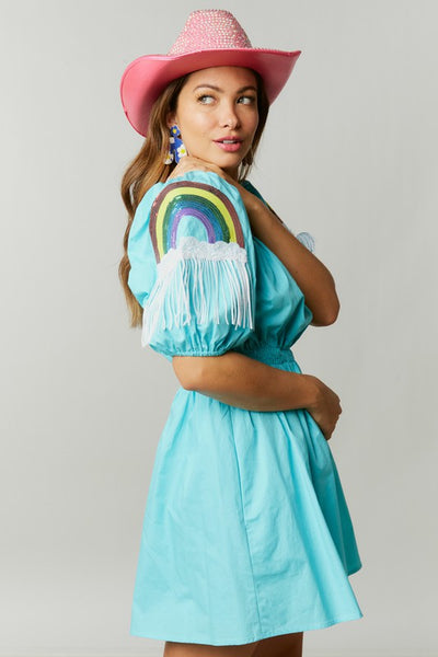 Happiest Day Ever Rainbow Sequin Sleeve Dress in Sky Blue