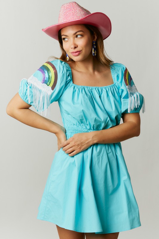 Happiest Day Ever Rainbow Sequin Sleeve Dress in Sky Blue