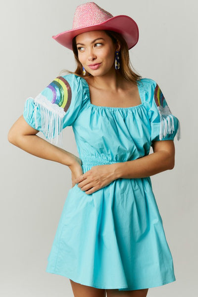 Happiest Day Ever Rainbow Sequin Sleeve Dress in Sky Blue