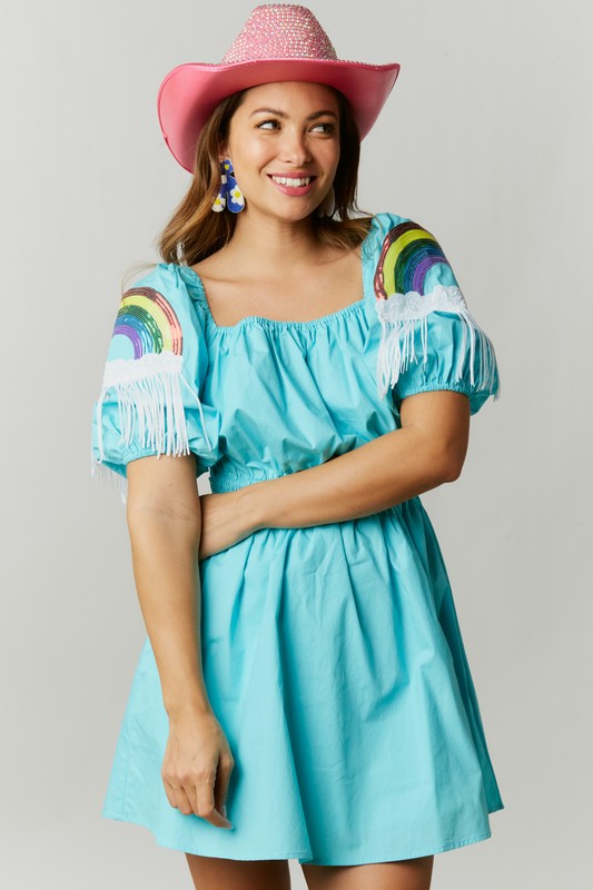 Happiest Day Ever Rainbow Sequin Sleeve Dress in Sky Blue